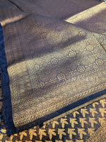 Load image into Gallery viewer, Soft Silk Copper Zari Saree - Midnight Blue (brocade , leaf)
