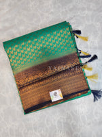 Load image into Gallery viewer, Soft Silk Copper Zari Saree - Pine x Blue (brocade , leaf)
