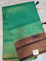 Load image into Gallery viewer, Soft Silk Copper Zari Saree - Pine x Blue (brocade , leaf)
