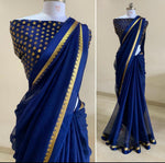 Load image into Gallery viewer, Minimalist Chiffon saree + Linden blouse : Sapphire
