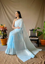 Load image into Gallery viewer, Linen silk x Silver zari - Pastel Blue
