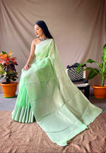 Load image into Gallery viewer, Linen silk x Silver zari - Light Green
