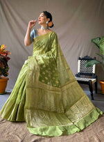 Load image into Gallery viewer, Linen silk x Champagne zari - Light Olive
