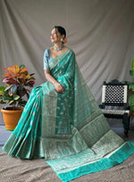 Load image into Gallery viewer, Linen silk x Champagne zari - Turquoise
