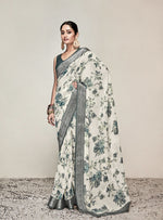 Load image into Gallery viewer, Floral x Chiffon Saree : White x Blue
