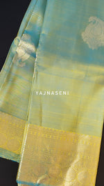 Load image into Gallery viewer, Cerulean x Mustard- Pure Kanjivaram Silk Saree with White Gold Zari
