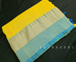 Load image into Gallery viewer, Soft Khadi Saree , temple border - Yellow x Sky blue
