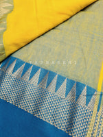 Load image into Gallery viewer, Soft Khadi Saree , temple border - Yellow x Sky blue
